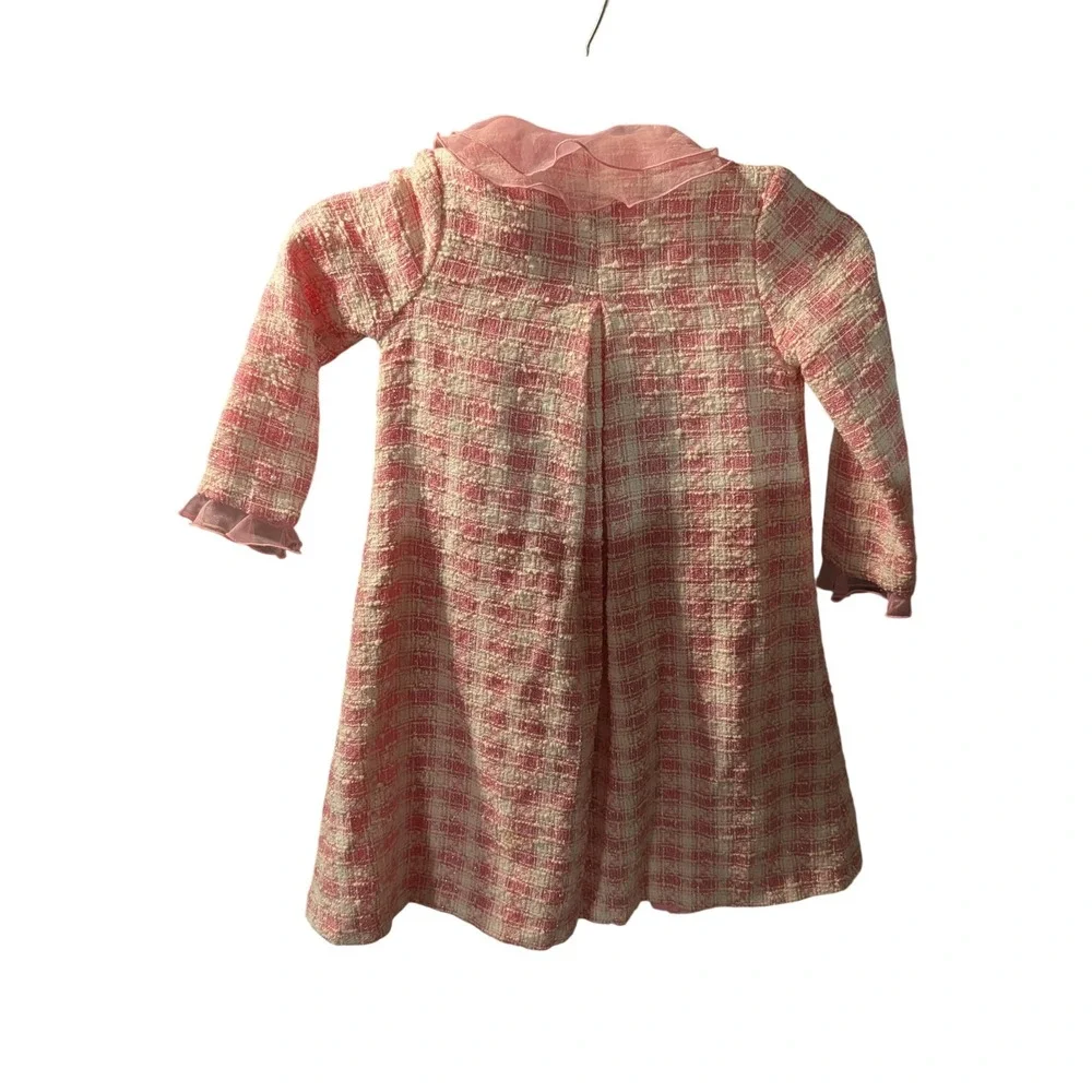 Biscotti Collezione Girls Pink White Tweed Plaid Ruffle Rosette Coat Dress 4T